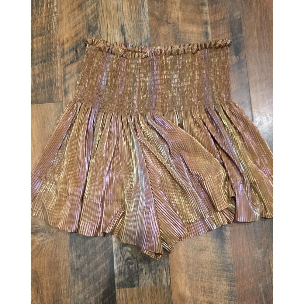 Queen of Sparkles Metallic Pleated Swing Shorts Small Bronze Rose Gold Smocked S